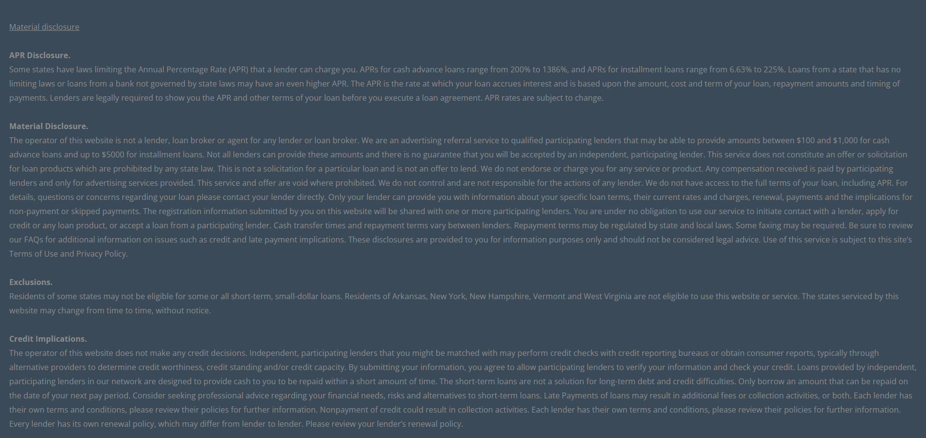 Material disclosure for payday loans in Saint Louis Missouri